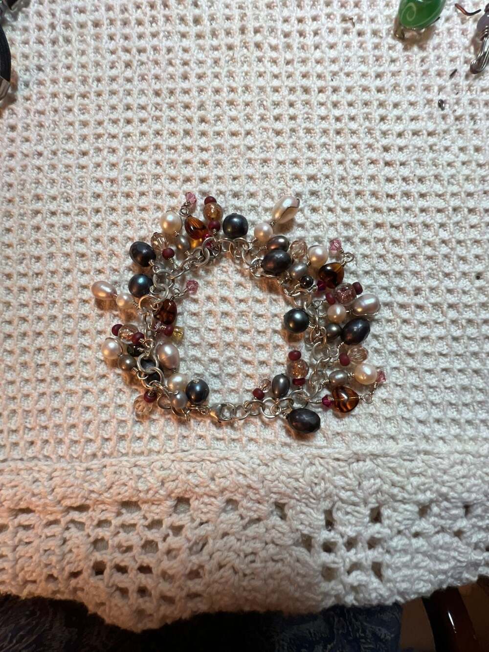Sterling Silver Pearl and Bead Fringe Charm Bracelet Multicolor